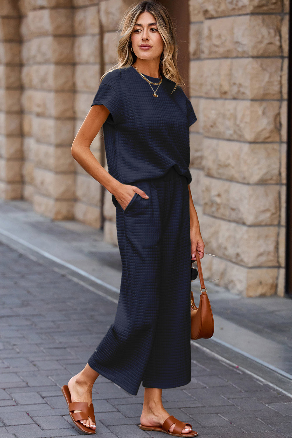 Navy Blue Solid Color Textured Short Sleeve Top and Casual Pants Set