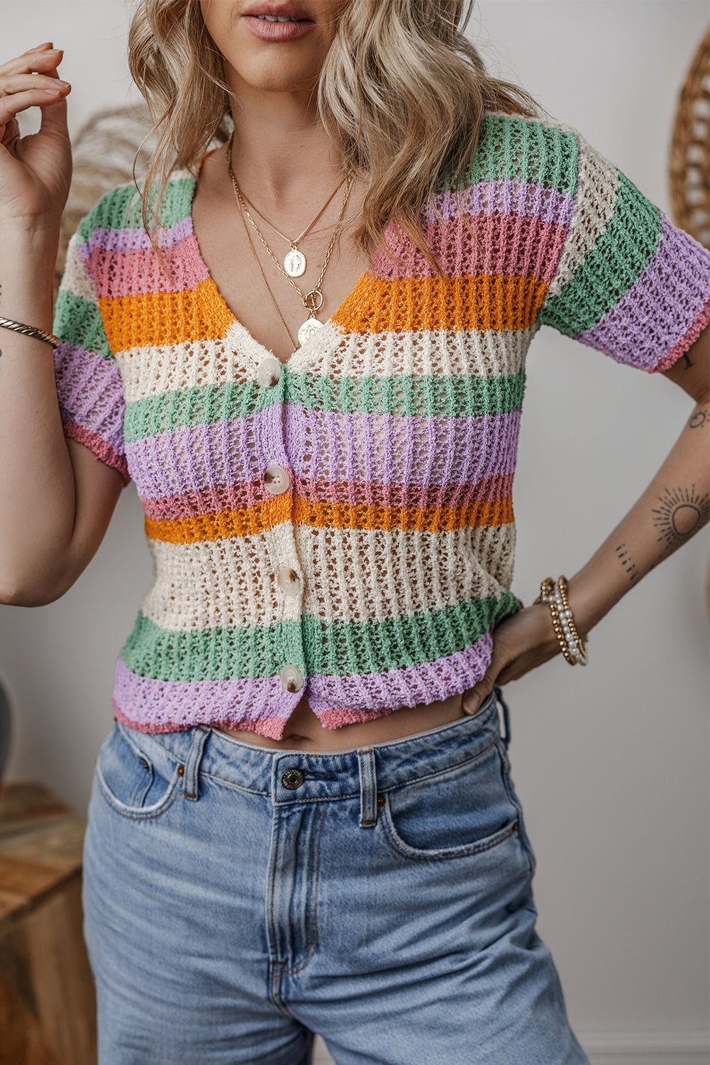 Orange Colorblock Striped Pointelle Knit V Neck Buttoned Crop Short Sleeve Sweater