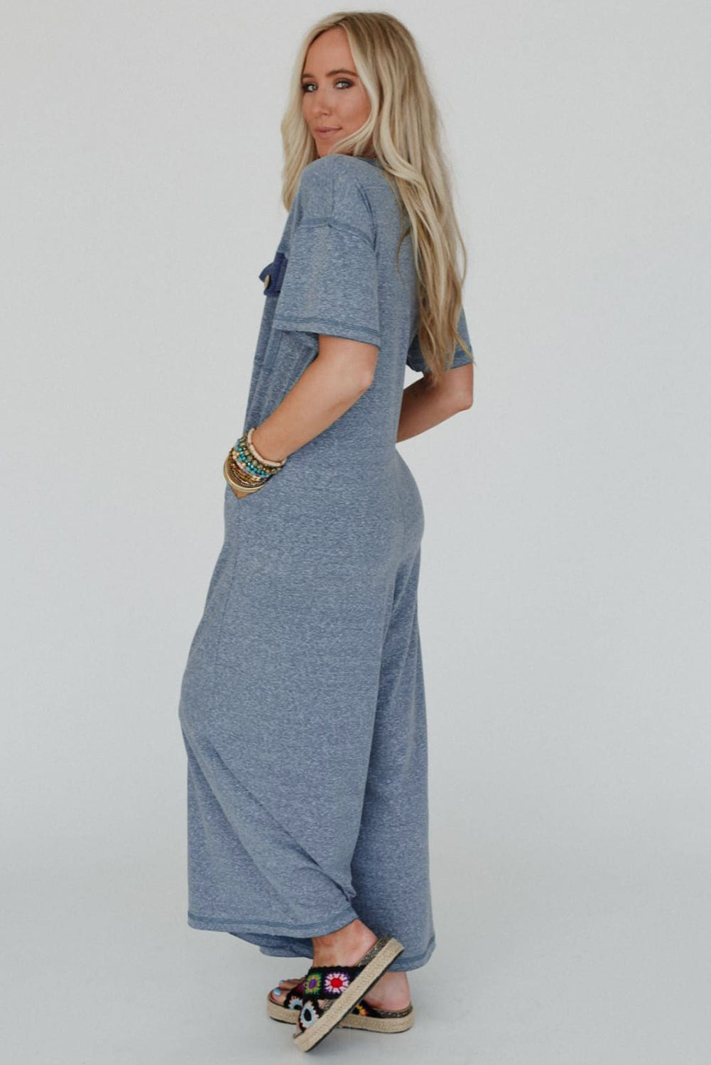 Beau Blue Half Placket Chest Pockets Short Sleeve Wide Leg Jumpsuit