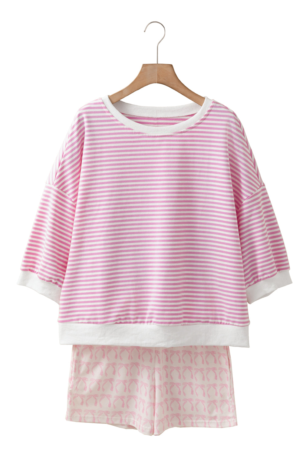 Pink Striped 3/4 Sleeve Drop Shoulder Top