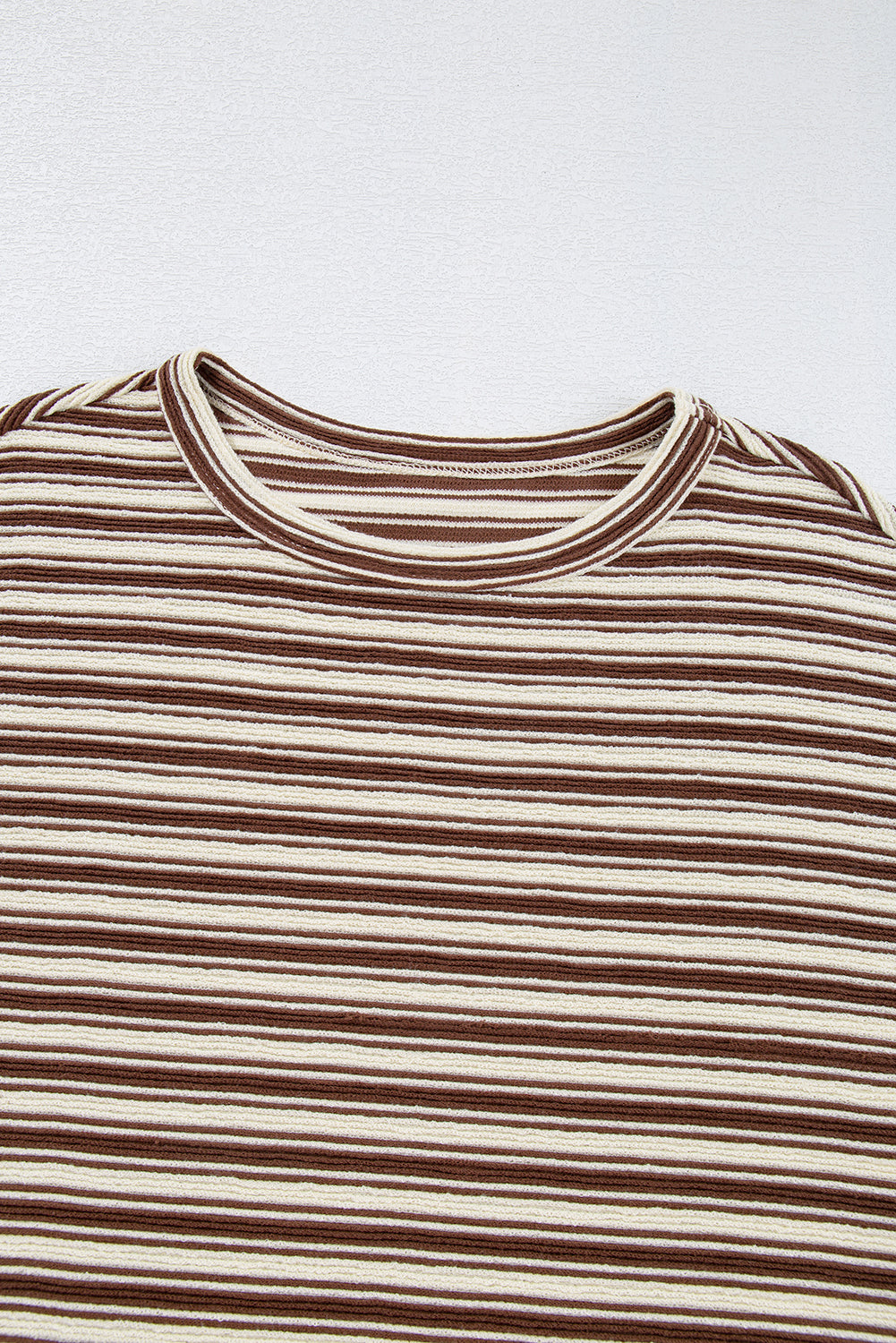 Brown Stripe Textured Side Slits Crew Neck T Shirt