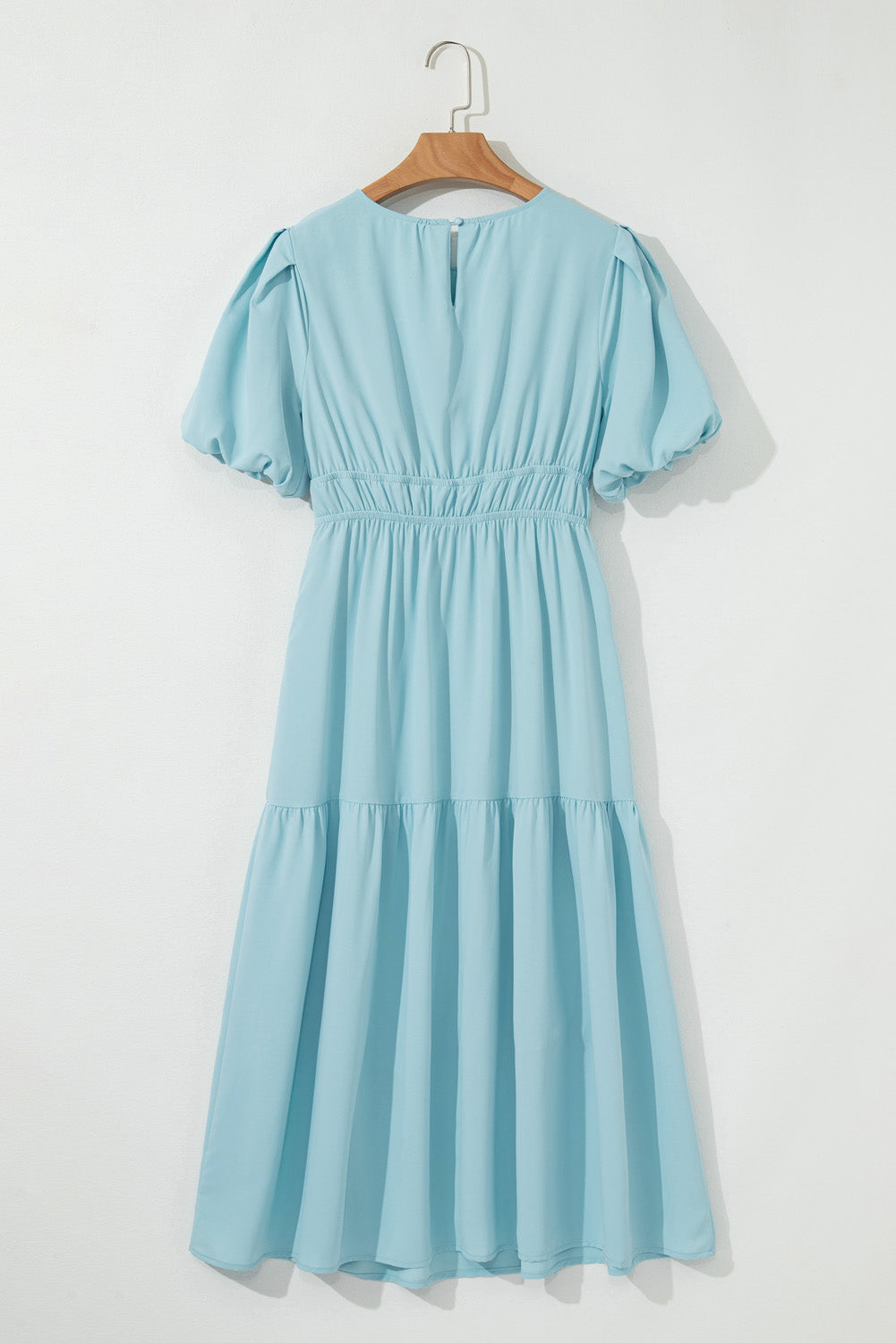 Light Blue Puff Sleeve Pleated High Waist Flowy Long Dress