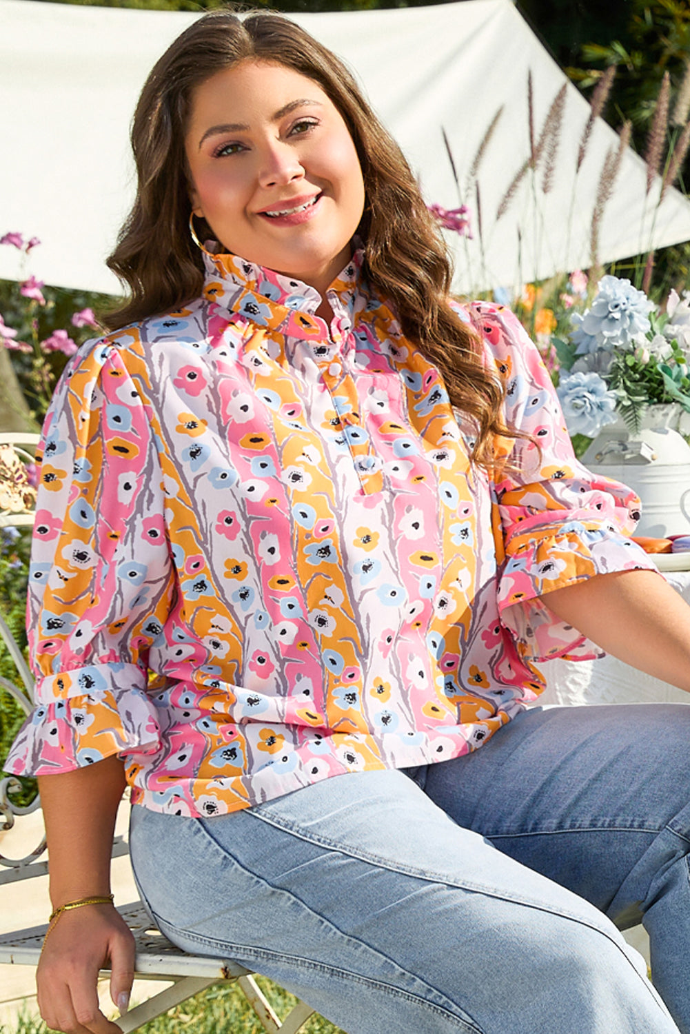 Pink Floral Ruffled Collar Bracelet Sleeve Plus Size Blouse Top