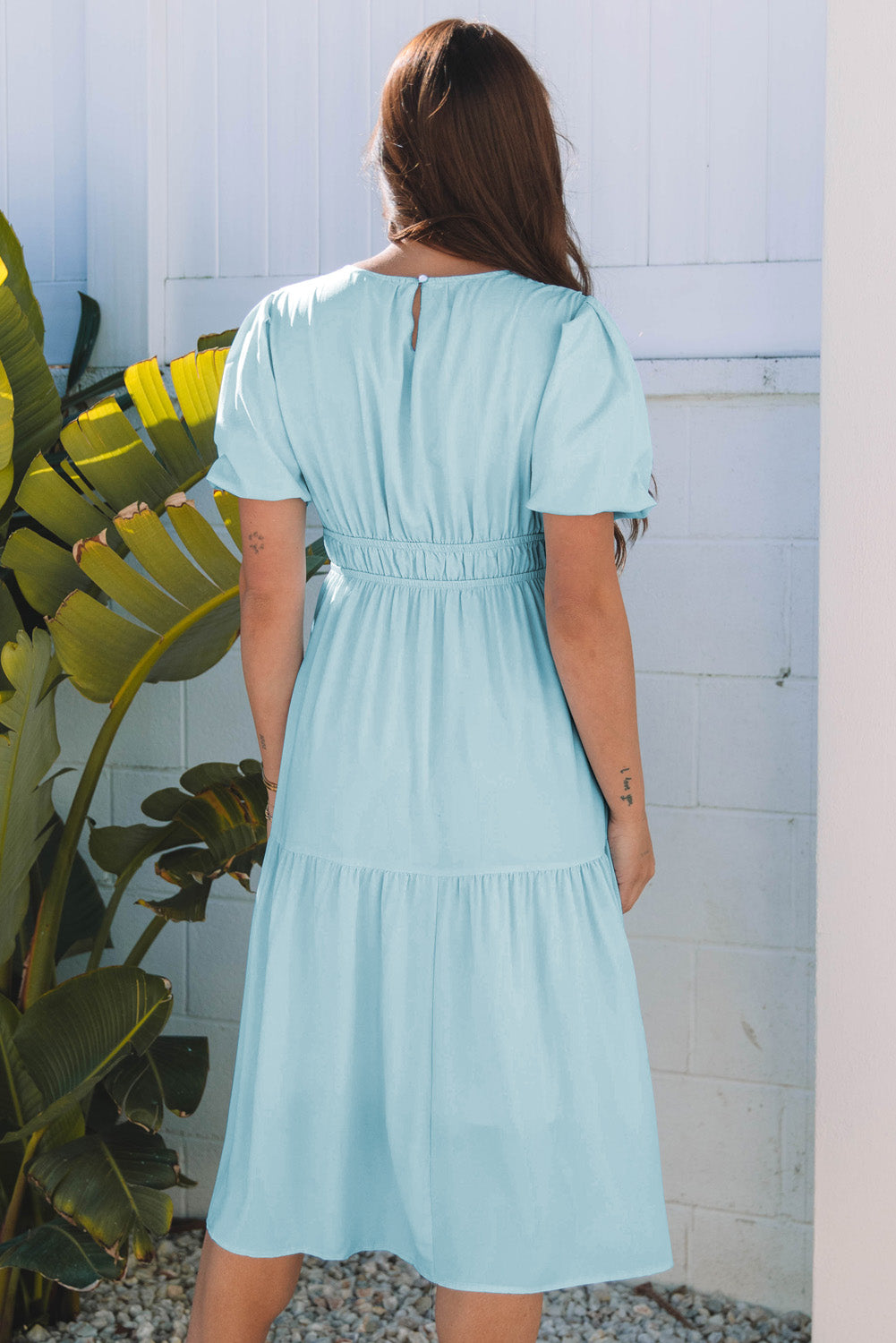 Light Blue Puff Sleeve Pleated High Waist Flowy Long Dress