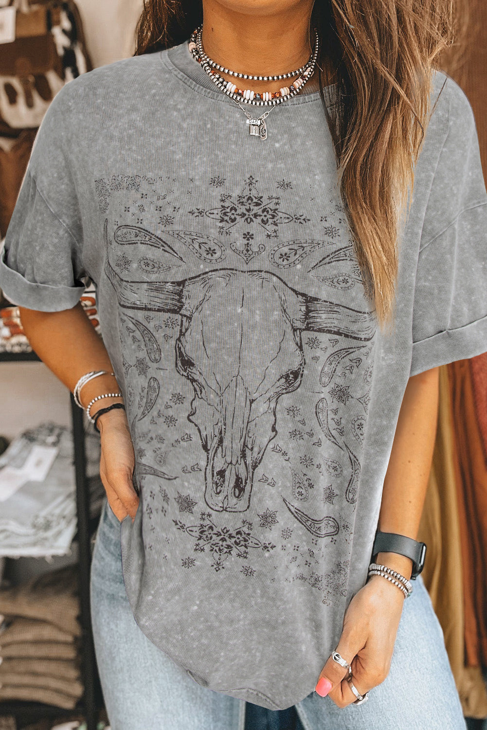 Light Grey Western Steer Head Tie Dye Print Crew Neck T Shirt