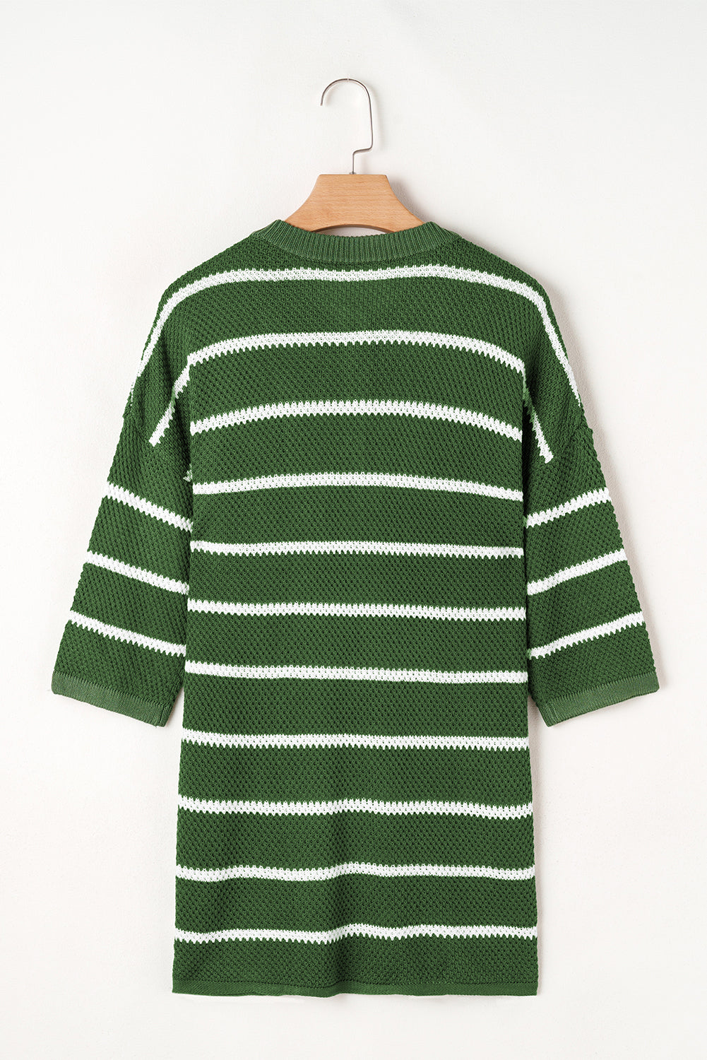 Green Stripe Henley Buttoned Placket Drop Shoulder Bracelet Sleeve Knit Sweater Tee