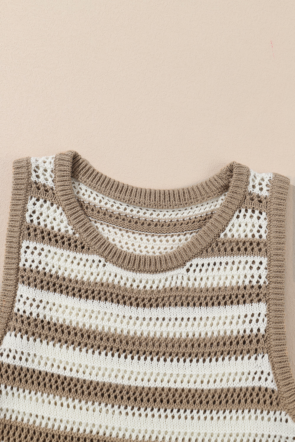 Khaki Stripe Hollowed Knit Sleeveless Sweater Dress