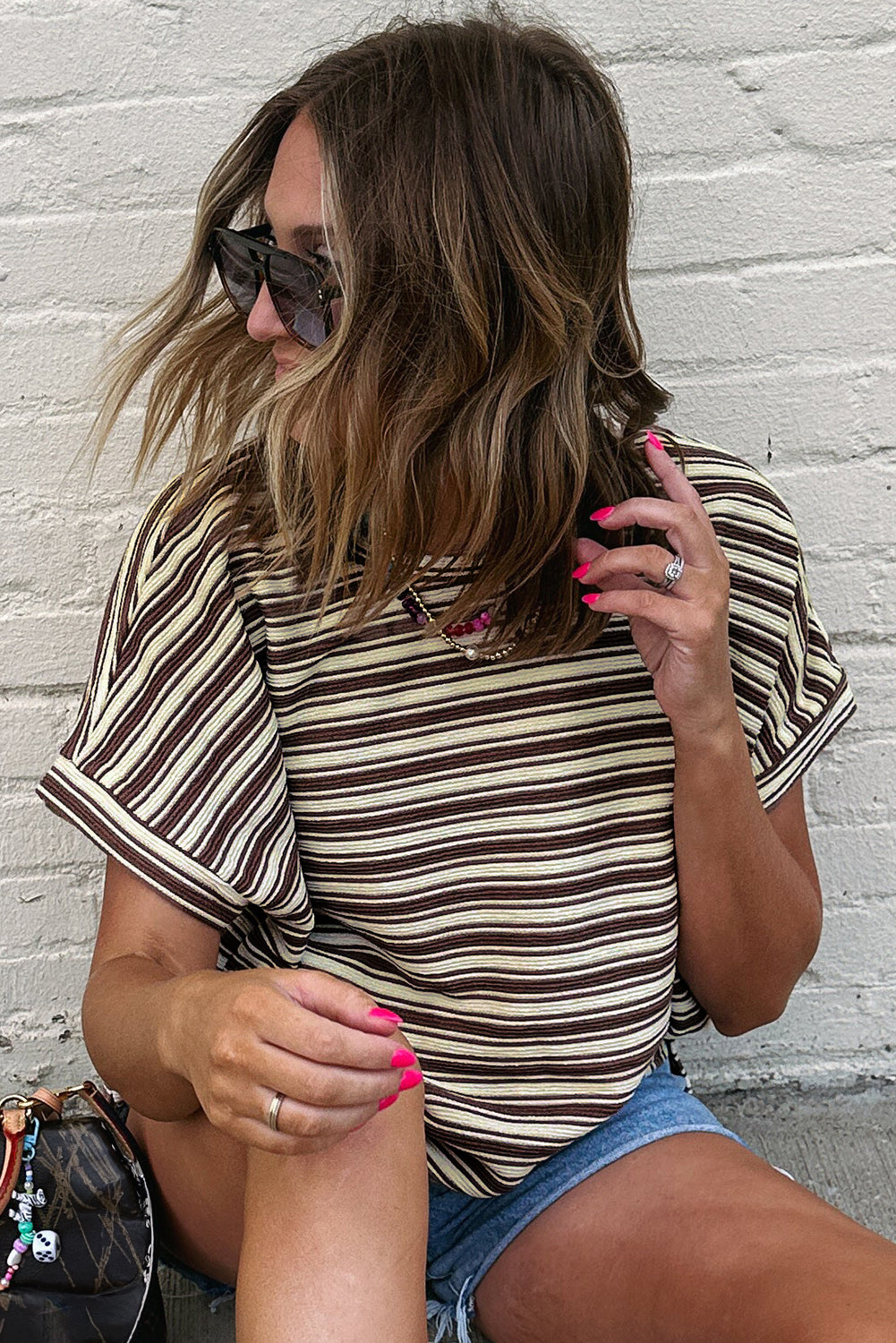 Brown Stripe Textured Side Slits Crew Neck T Shirt