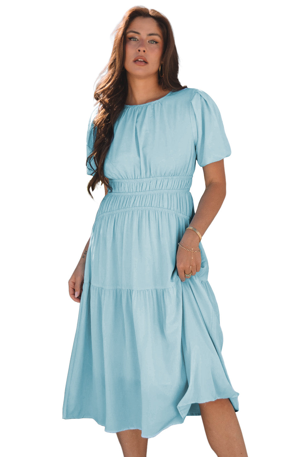 Light Blue Puff Sleeve Pleated High Waist Flowy Long Dress