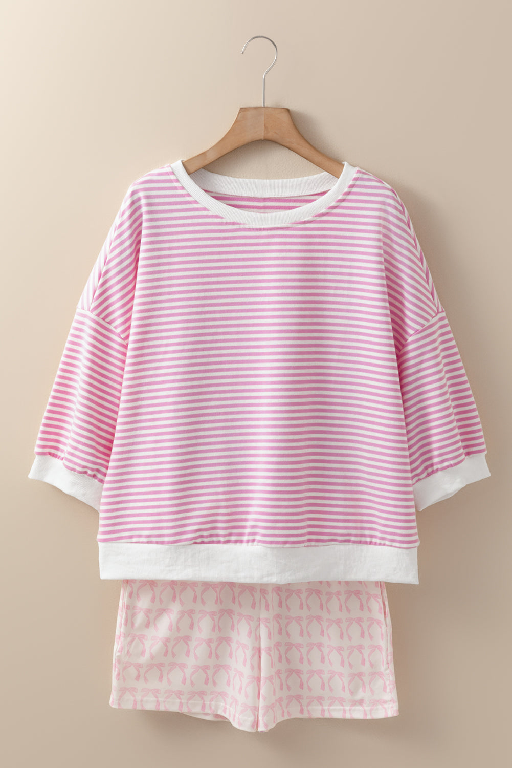 Pink Striped 3/4 Sleeve Drop Shoulder Top