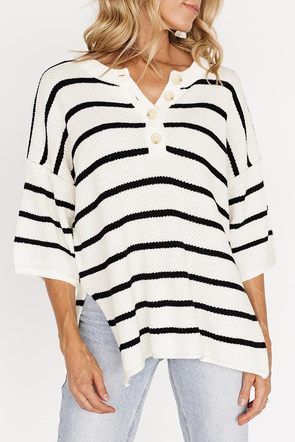 White Stripe Henley Buttoned Placket Drop Shoulder Bracelet Sleeve Knit Sweater Tee