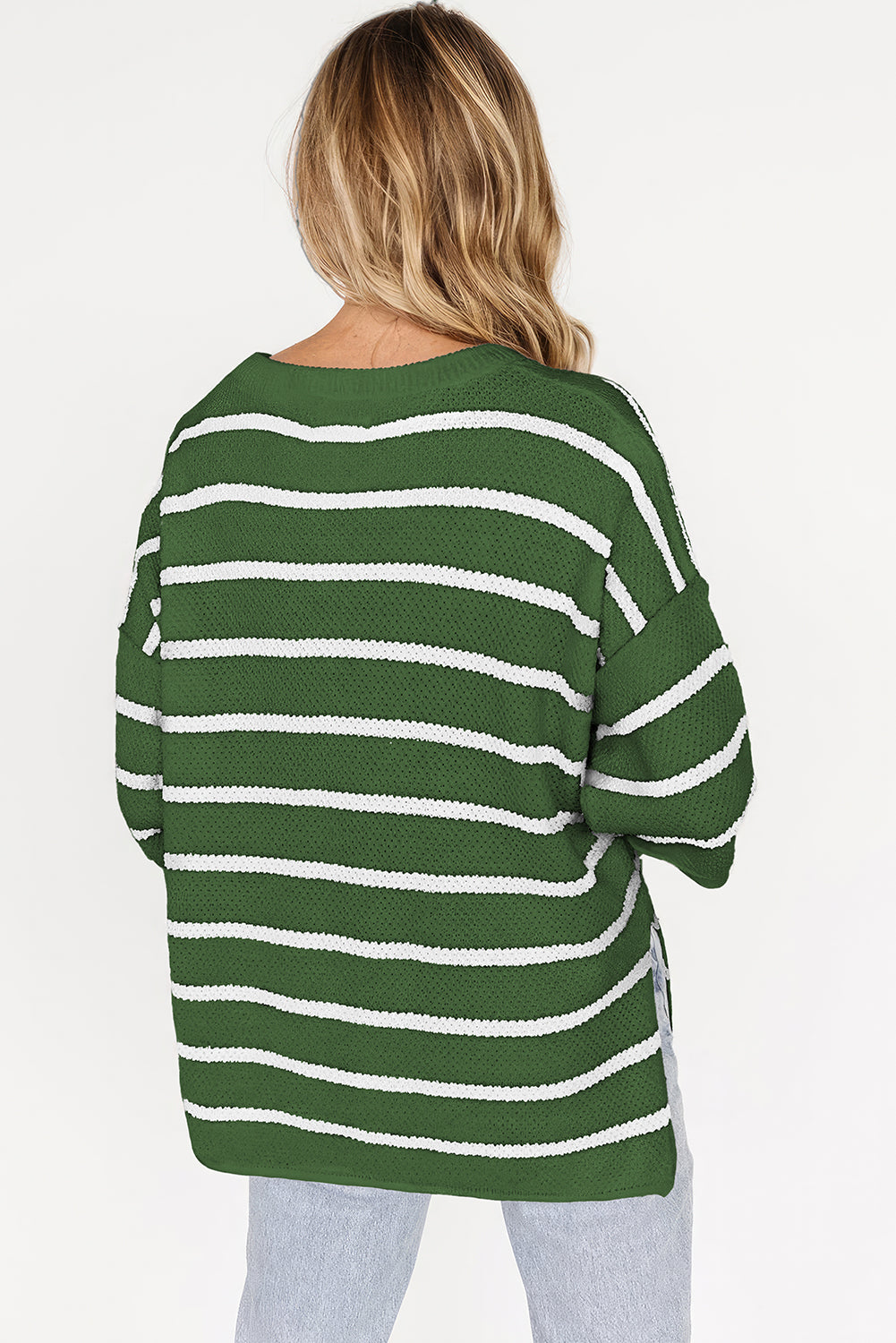 Green Stripe Henley Buttoned Placket Drop Shoulder Bracelet Sleeve Knit Sweater Tee