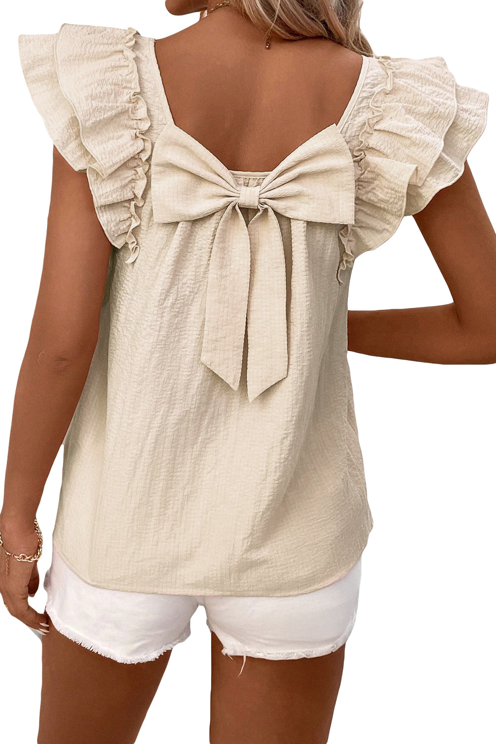 Beige Textured Bow Knot Frilled Butterfly Sleeve Blouse