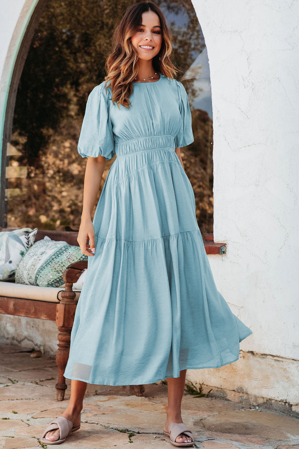 Light Blue Puff Sleeve Pleated High Waist Flowy Long Dress