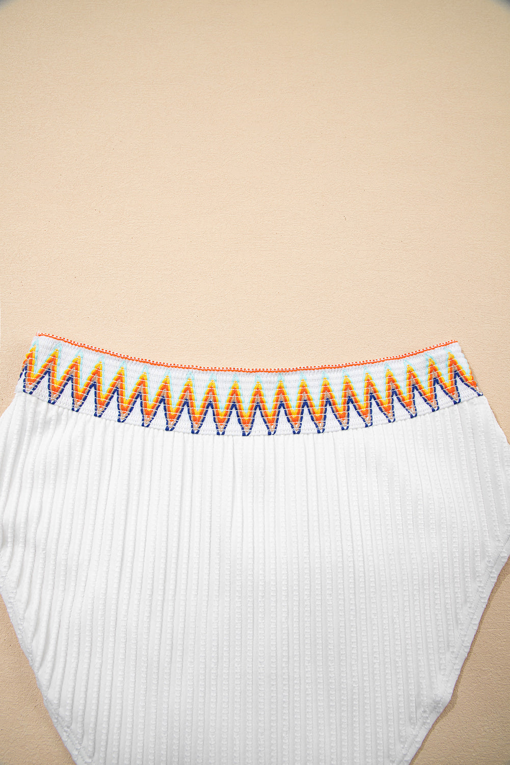 White Textured Contrast Banding Bikini High Waist 2pcs Swimsuit