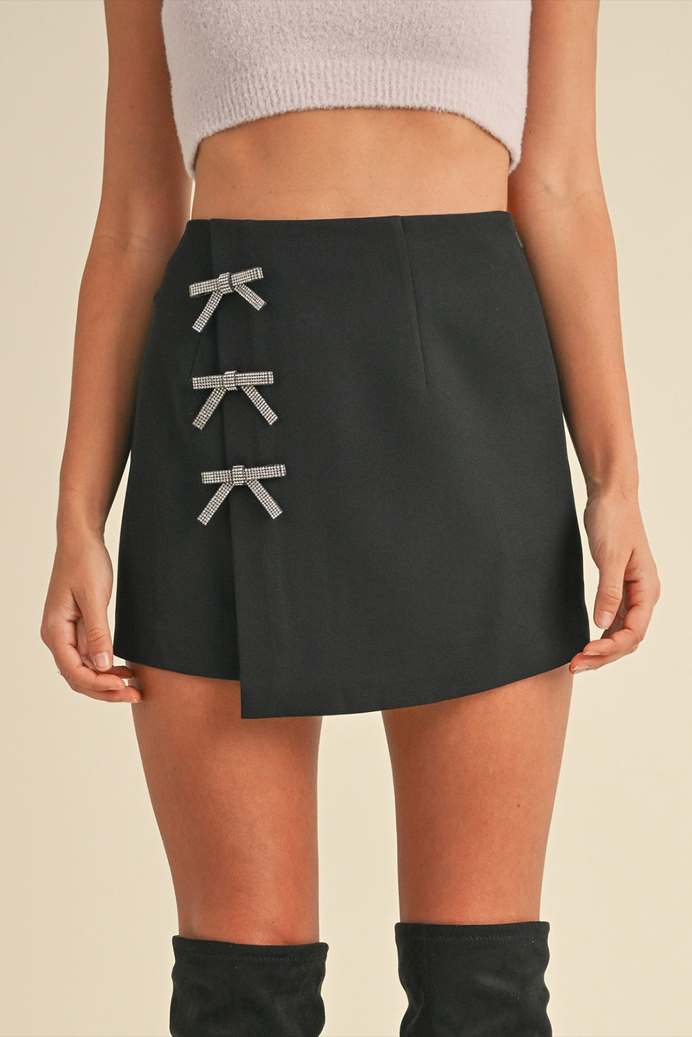 Black Rhinestone Bow Wrap High Waist Mini Skirt