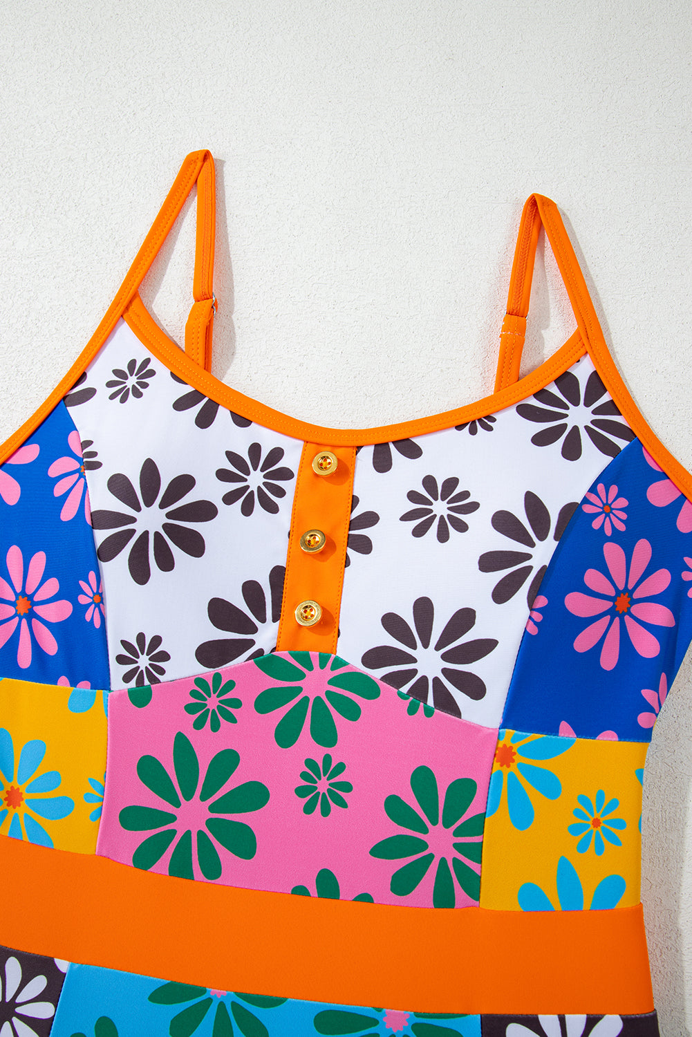 Orange Floral Colorblock Buttoned Décor Front Spaghetti Straps Teddy Swimsuit