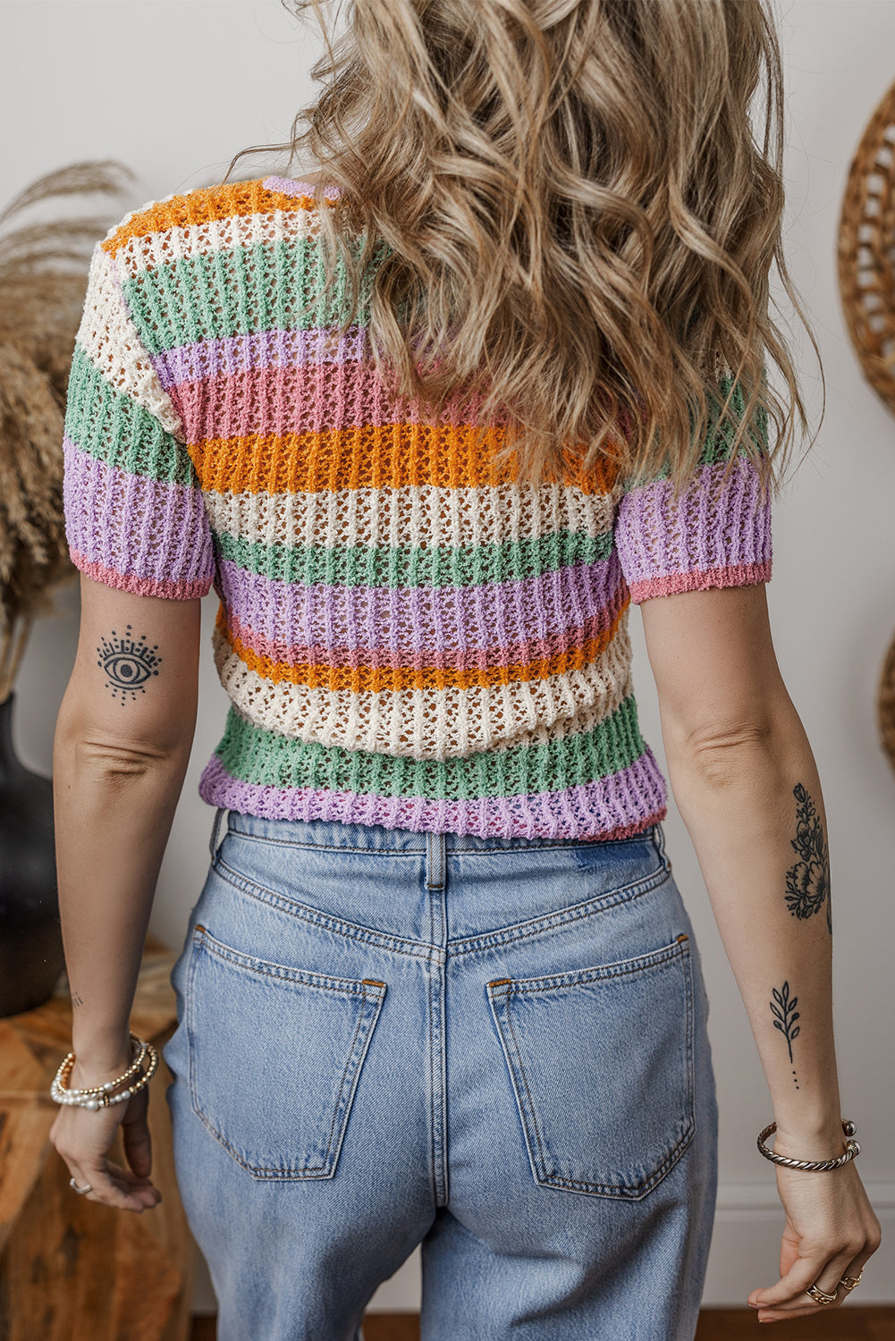 Orange Colorblock Striped Pointelle Knit V Neck Buttoned Crop Short Sleeve Sweater