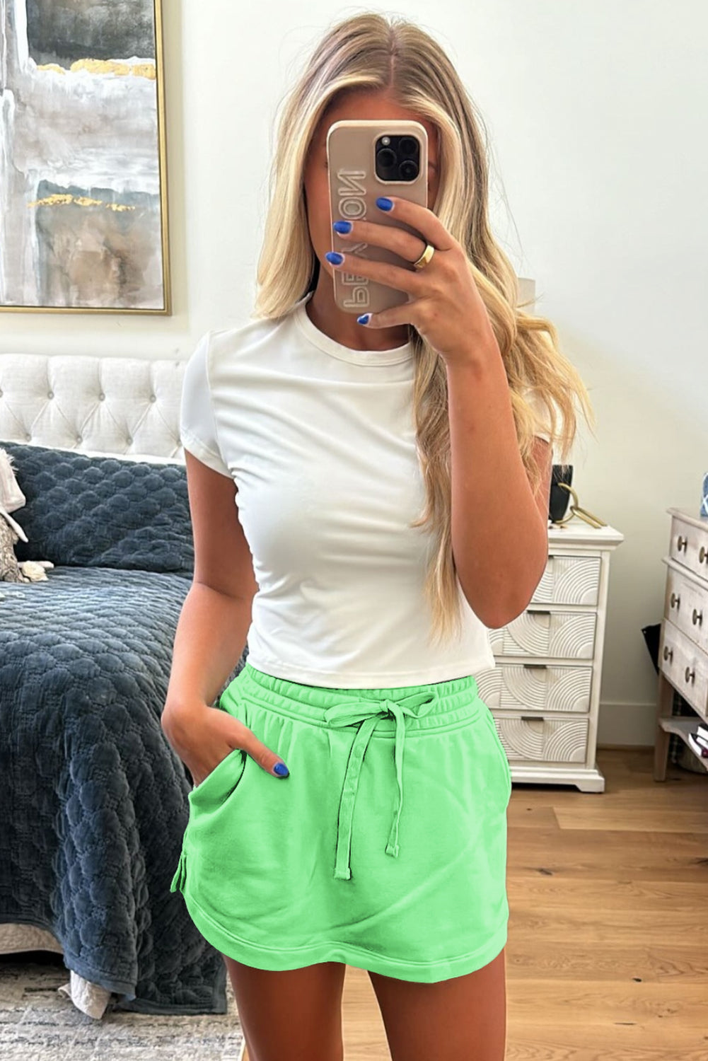 Light Green French Terry Drawstring Mini Skort with Pockets