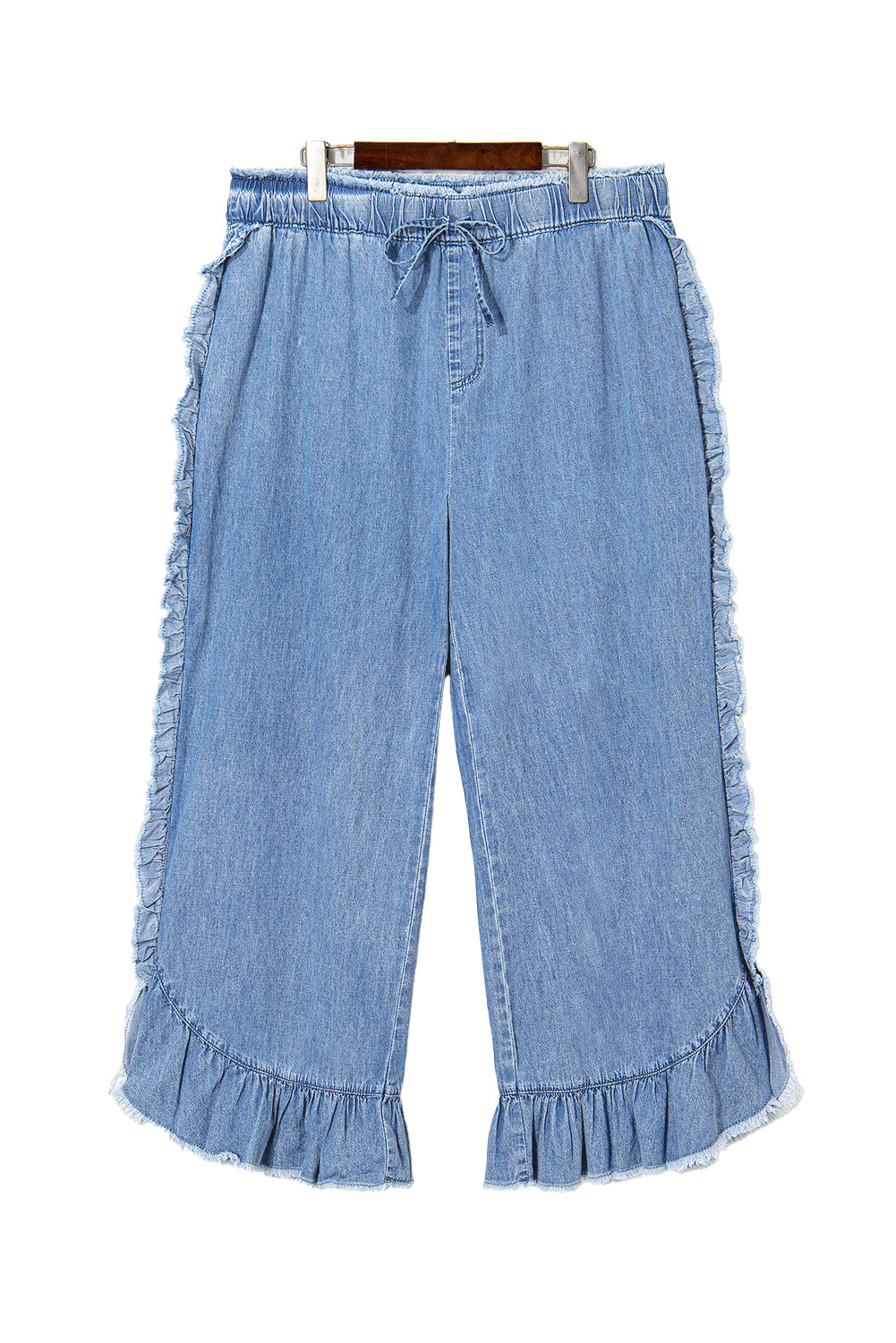 Blue Plus Size Lace up Waist Ruffled Trim Ankle Length Jeans