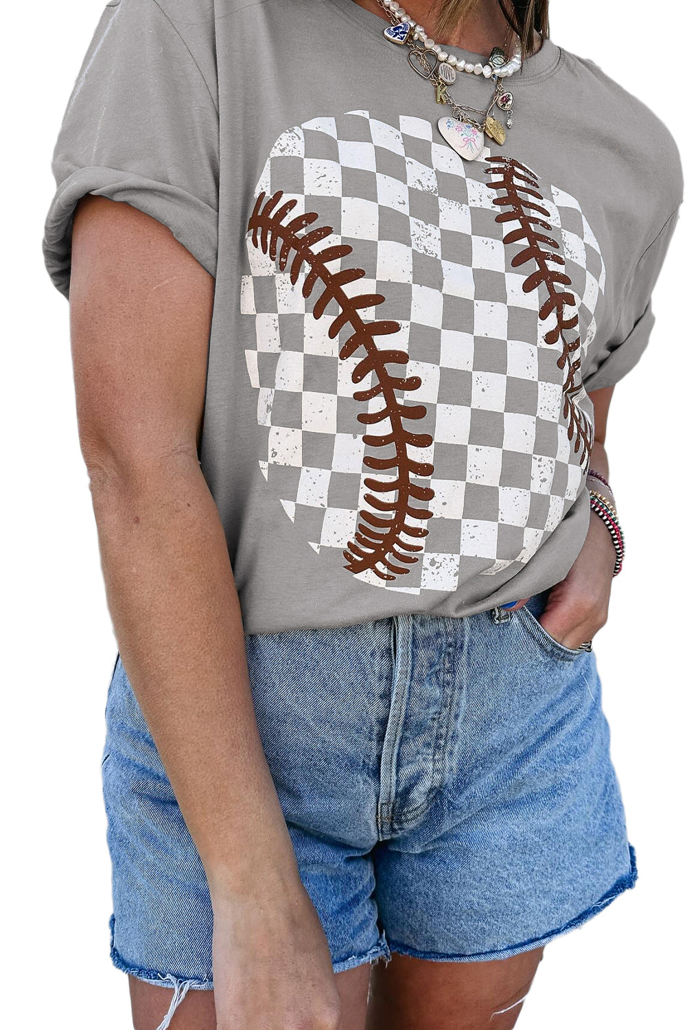 Gray Checkered Baseball Graphic Tee