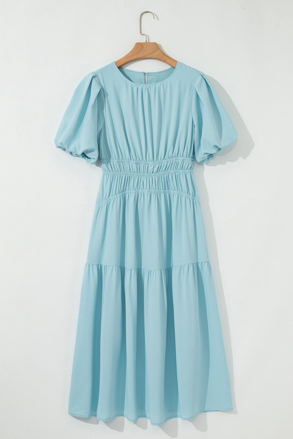 Light Blue Puff Sleeve Pleated High Waist Flowy Long Dress