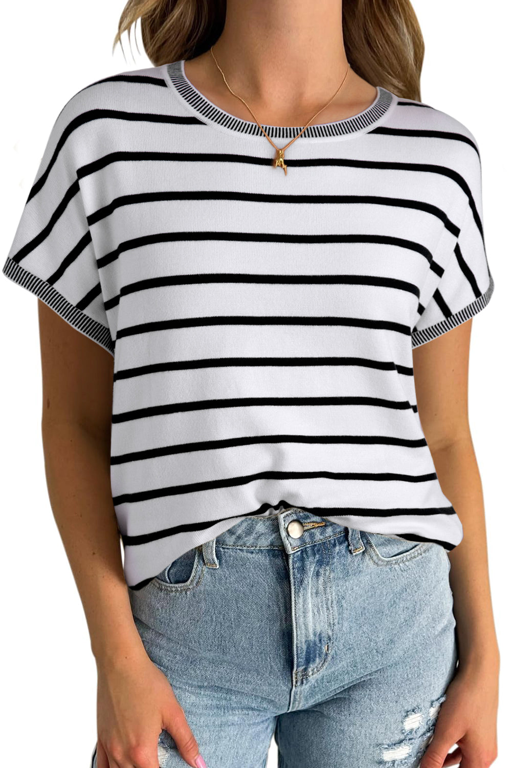 White Stripe Knitted Bat Sleeve T Shirt