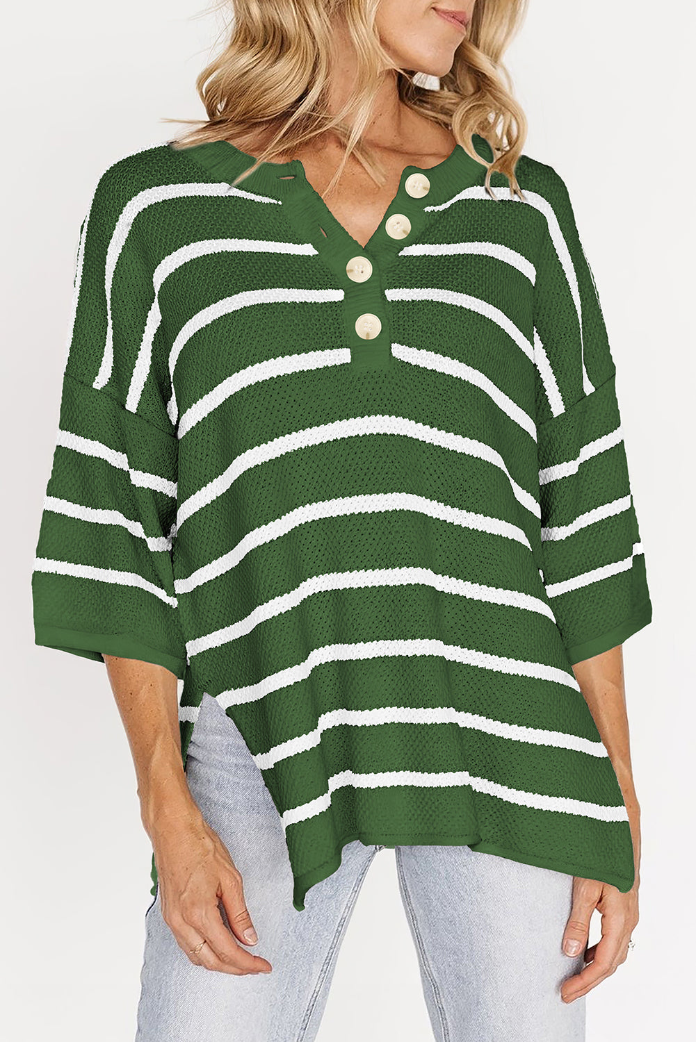 Green Stripe Henley Buttoned Placket Drop Shoulder Bracelet Sleeve Knit Sweater Tee