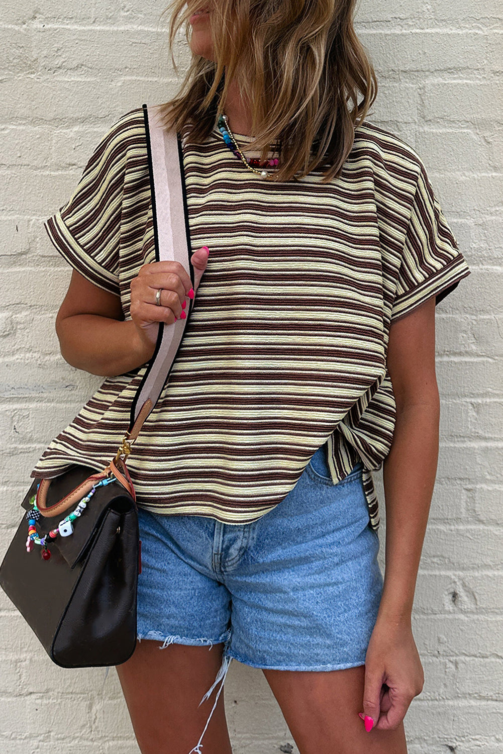 Brown Stripe Textured Side Slits Crew Neck T Shirt