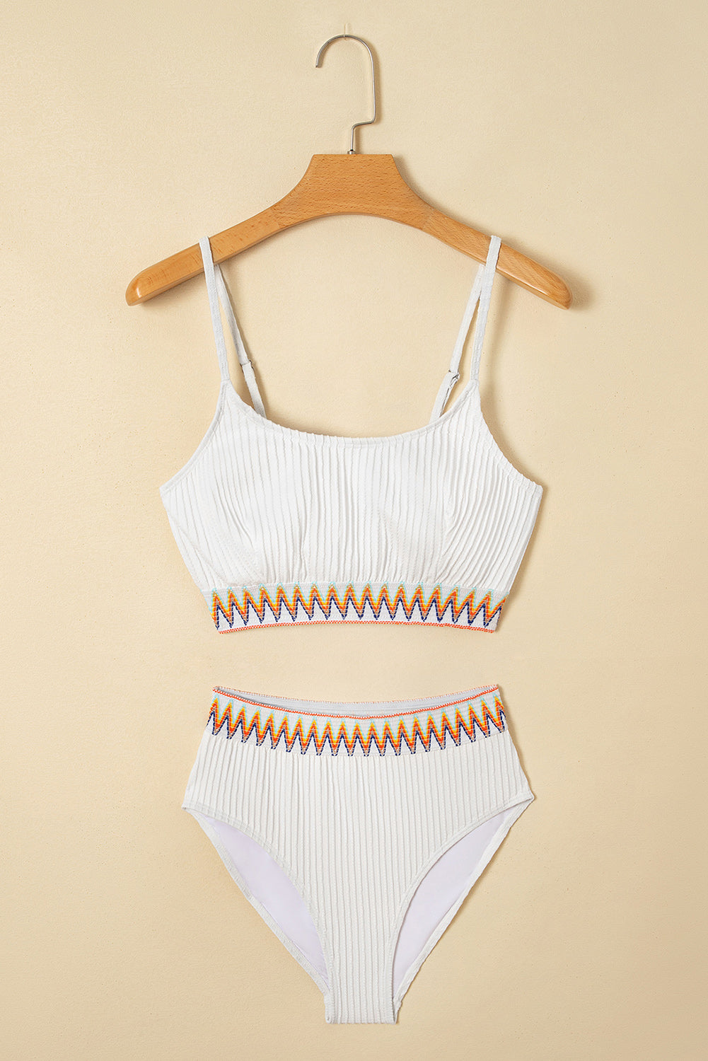 White Textured Contrast Banding Bikini High Waist 2pcs Swimsuit
