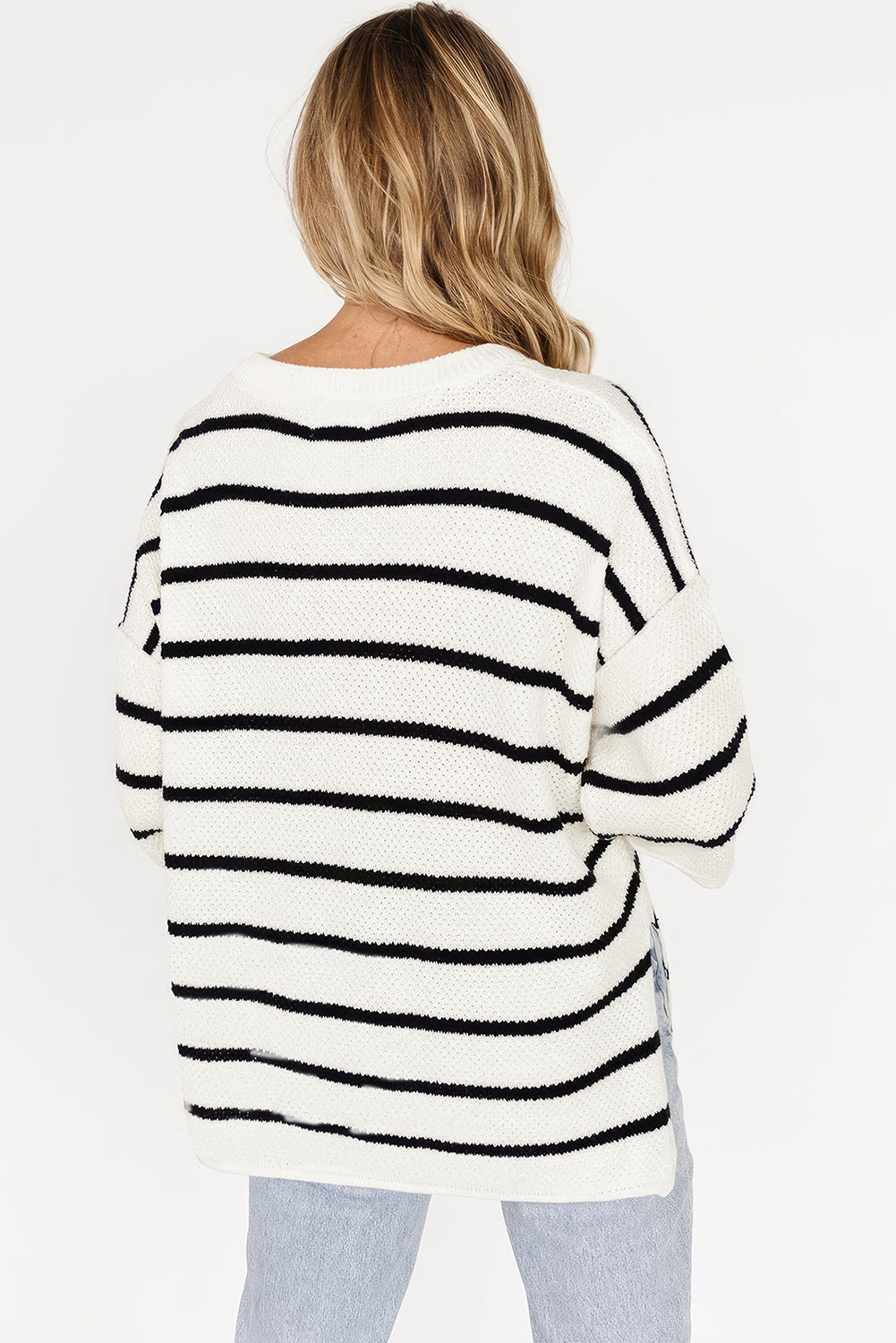 White Stripe Henley Buttoned Placket Drop Shoulder Bracelet Sleeve Knit Sweater Tee