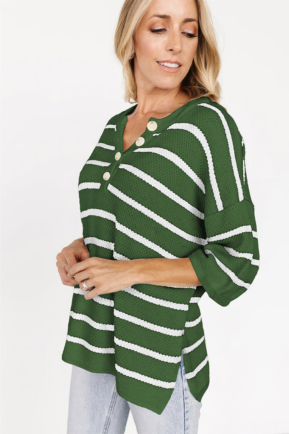 Green Stripe Henley Buttoned Placket Drop Shoulder Bracelet Sleeve Knit Sweater Tee