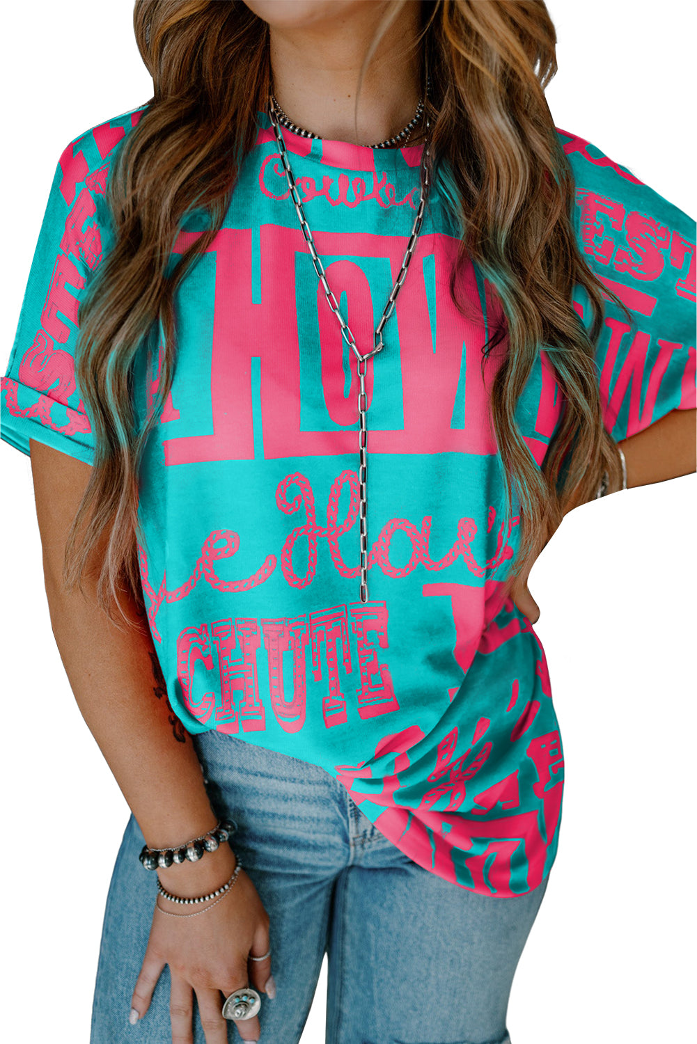 Green Howdy Cowboy Letter Printed Western Fashion Tee