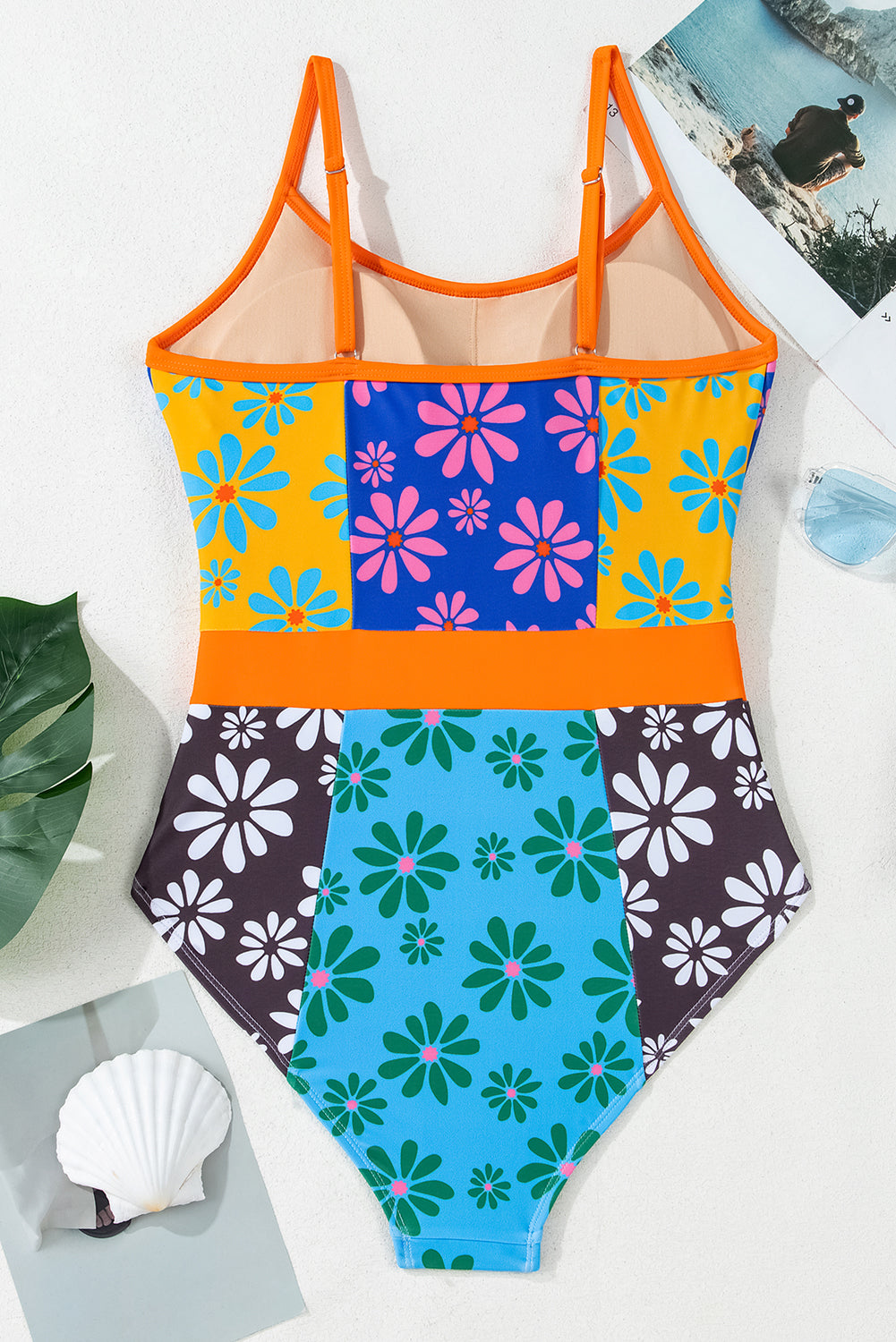 Orange Floral Colorblock Buttoned Décor Front Spaghetti Straps Teddy Swimsuit