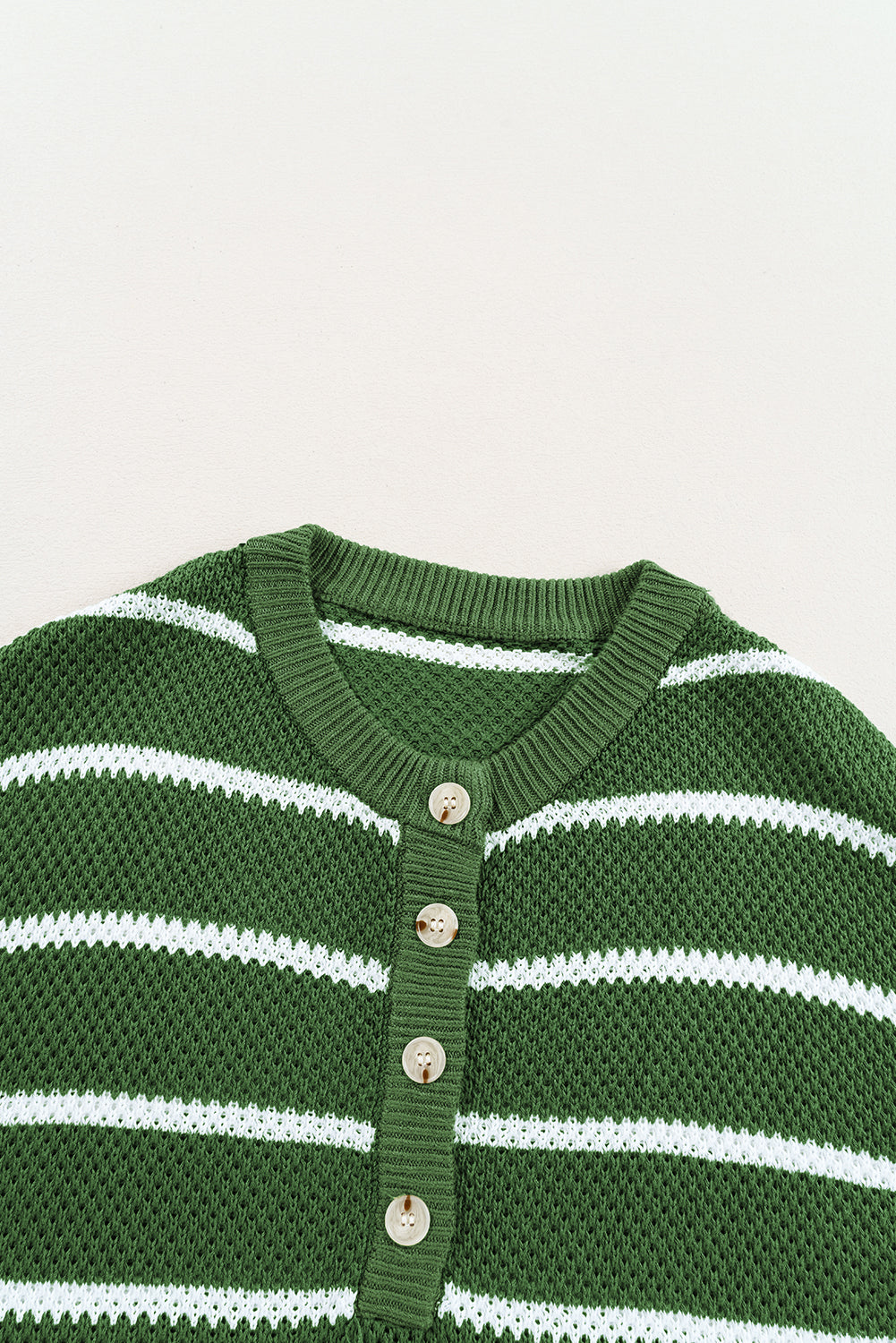 Green Stripe Henley Buttoned Placket Drop Shoulder Bracelet Sleeve Knit Sweater Tee