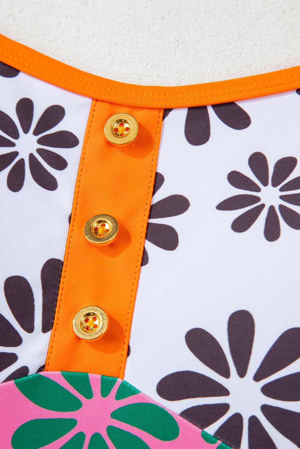 Orange Floral Colorblock Buttoned Décor Front Spaghetti Straps Teddy Swimsuit