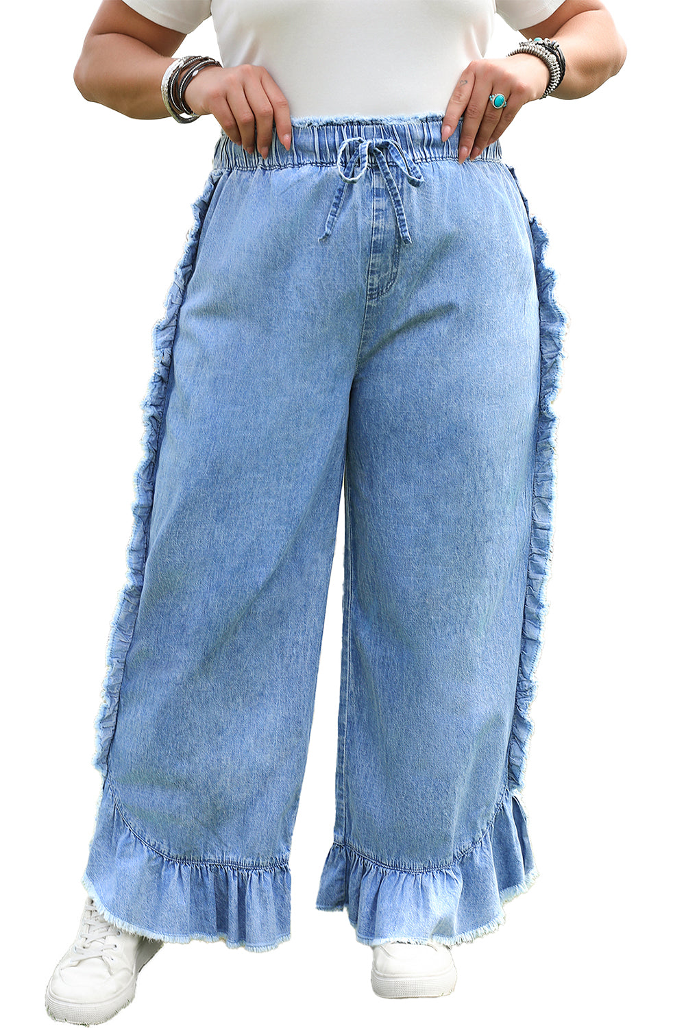 Blue Plus Size Lace up Waist Ruffled Trim Ankle Length Jeans