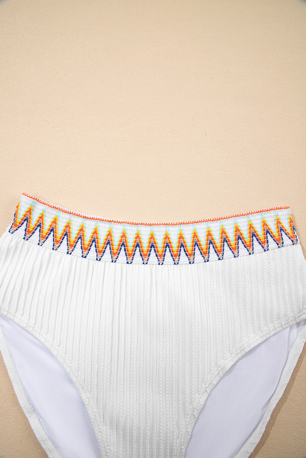 White Textured Contrast Banding Bikini High Waist 2pcs Swimsuit