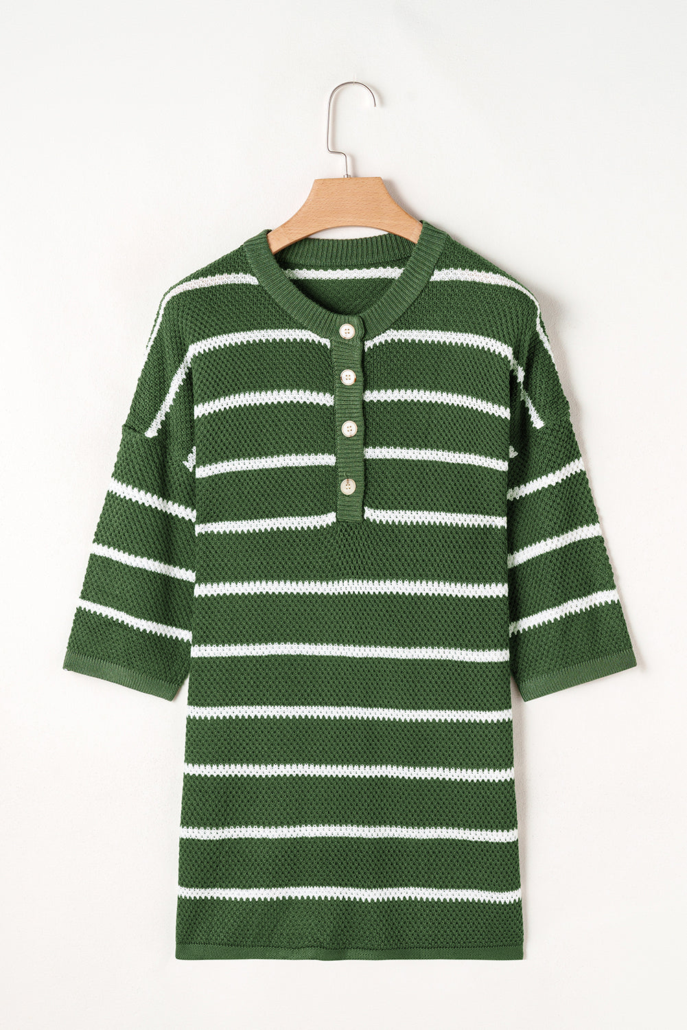 Green Stripe Henley Buttoned Placket Drop Shoulder Bracelet Sleeve Knit Sweater Tee