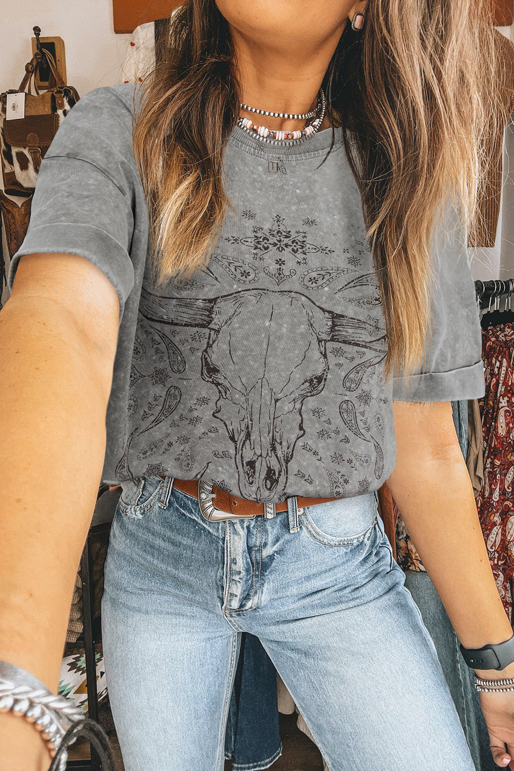 Light Grey Western Steer Head Tie Dye Print Crew Neck T Shirt