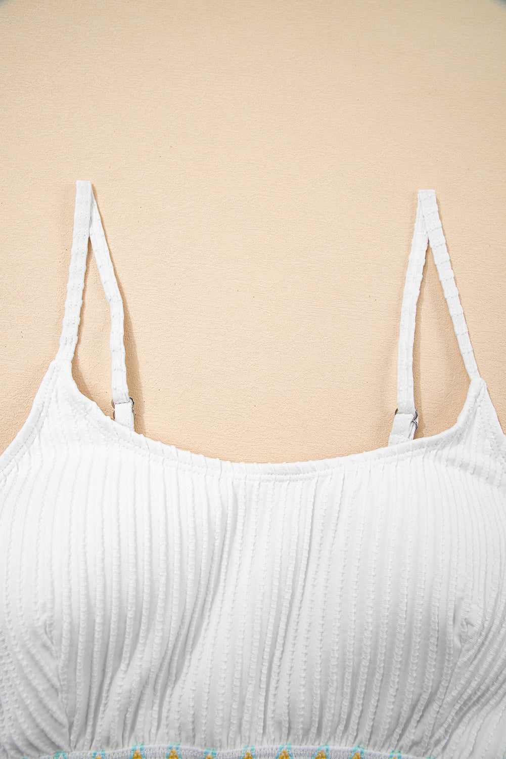 White Textured Contrast Banding Bikini High Waist 2pcs Swimsuit