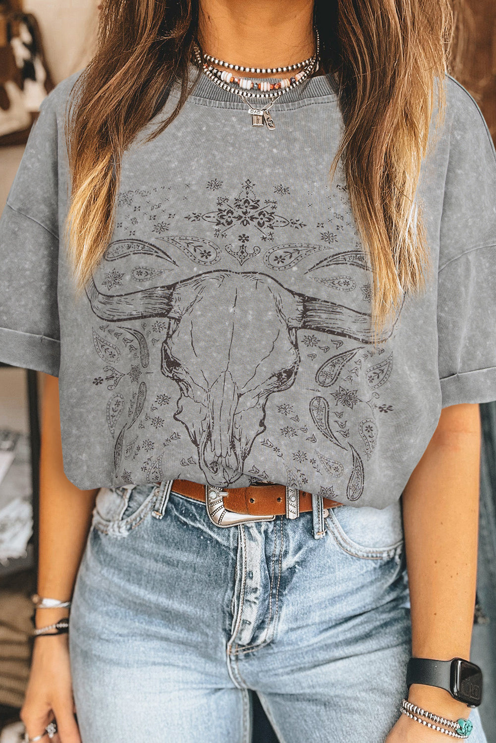 Light Grey Western Steer Head Tie Dye Print Crew Neck T Shirt