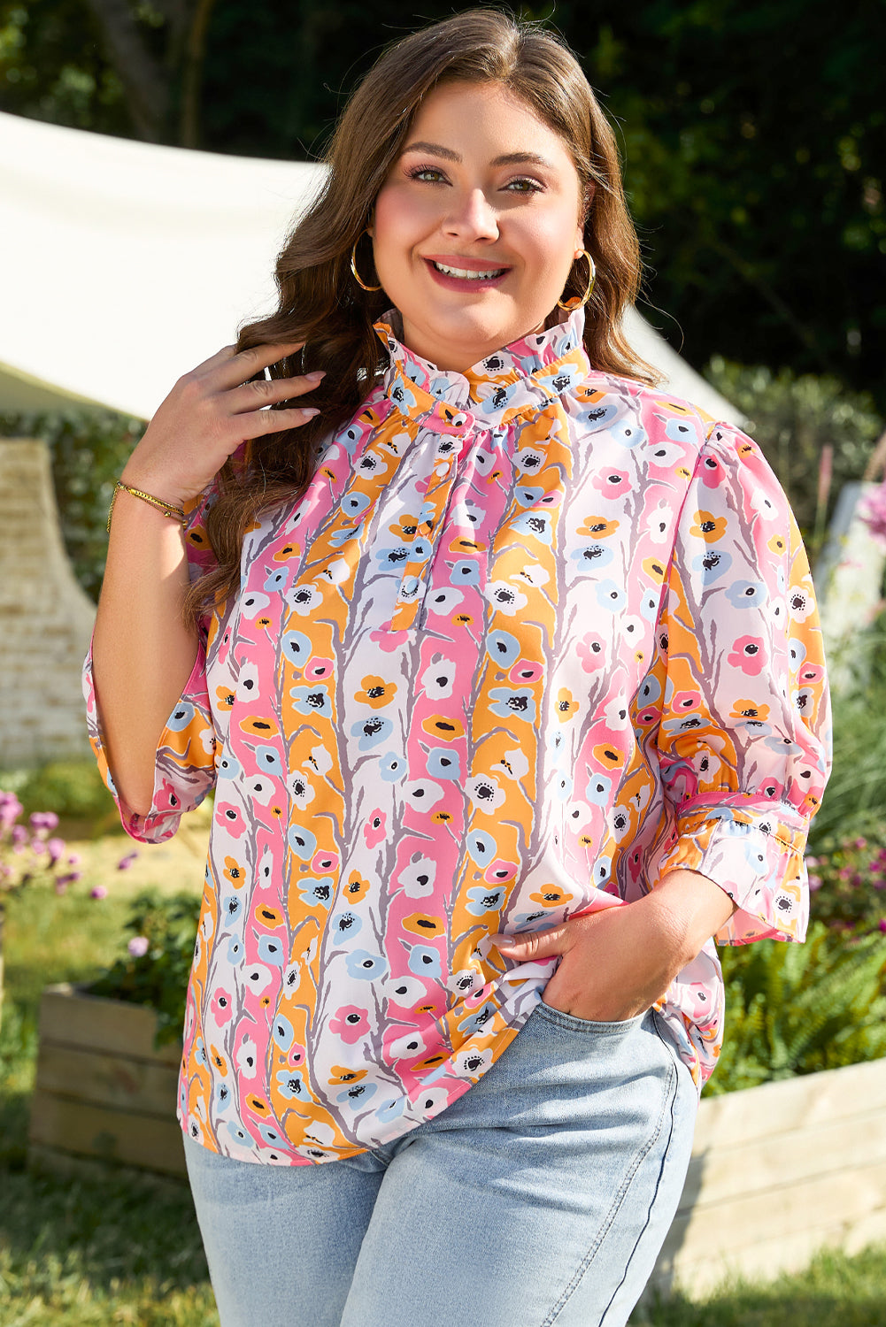 Pink Floral Ruffled Collar Bracelet Sleeve Plus Size Blouse Top